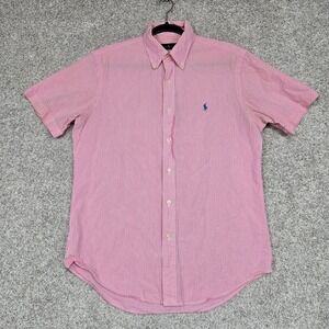 Ralph Lauren Shirt Mens Medium Pink Striped Seersucker Short Sleeve classic fit